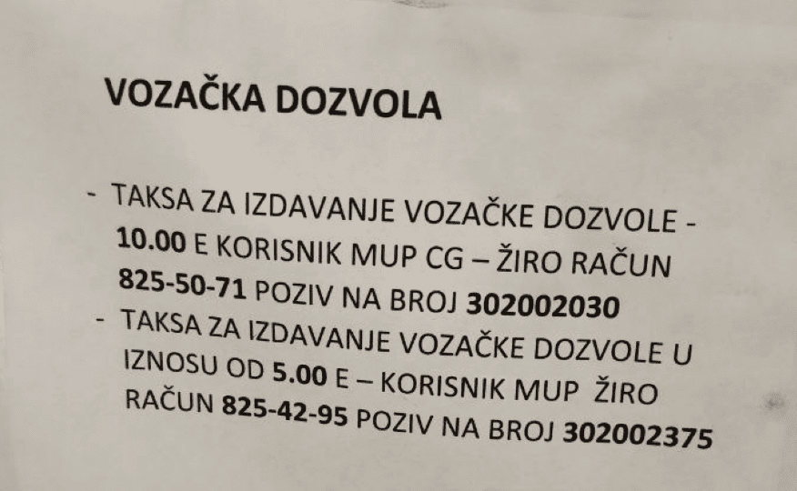 Takse za vozačku dozvolu u Crnoj Gori